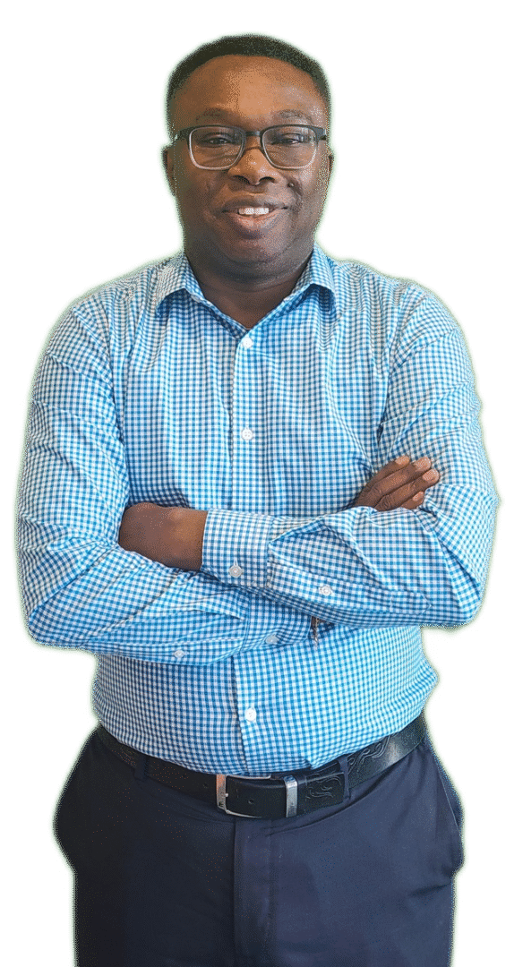 A man with his arms crossed wearing a blue shirt.