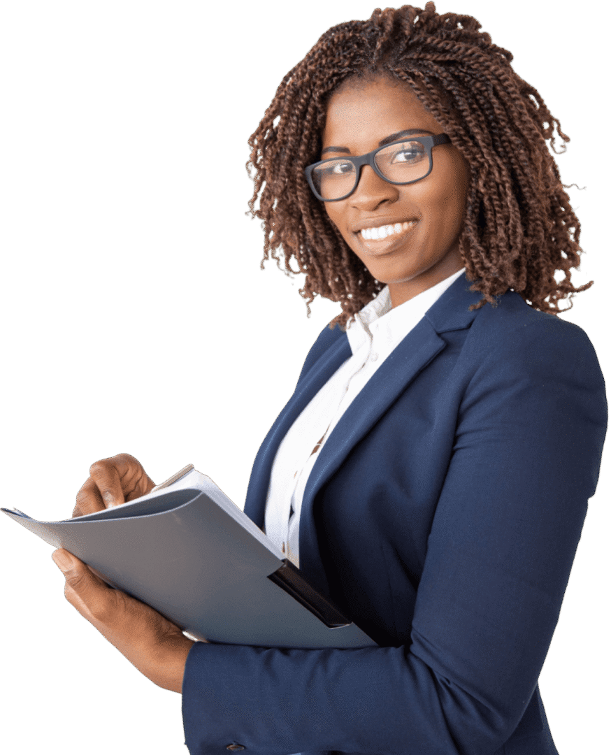 Smiling businesswoman holding a folder.