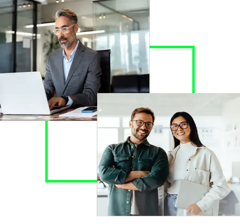 Two images of people in a room with laptops.