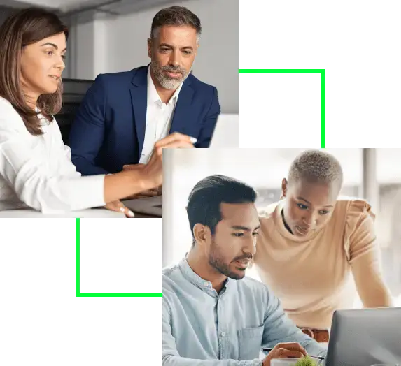 Colleagues collaborating over a laptop screen